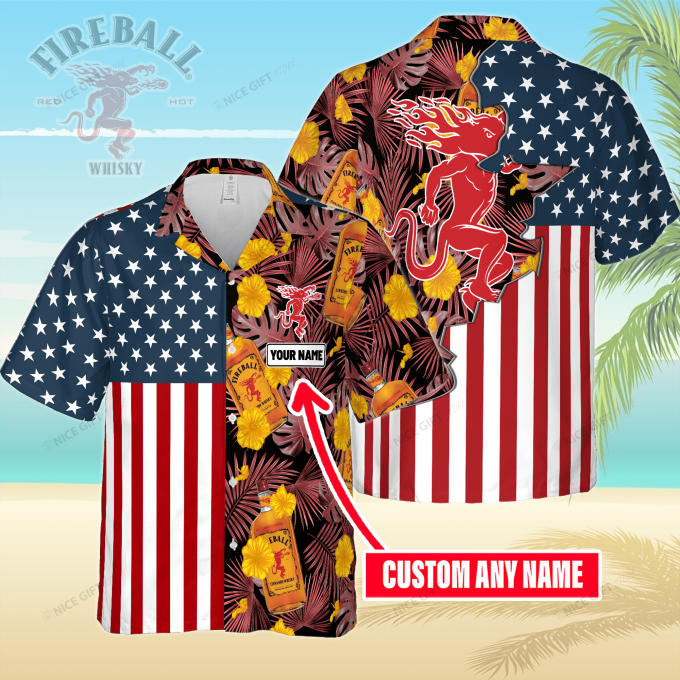 Fireball Cinnamon Whisky Custom Name 3D Button 3D Button Hawaiian Shirt Gift for Men Dad Father Gift for Men Dad Father 3HS-Q5F8
