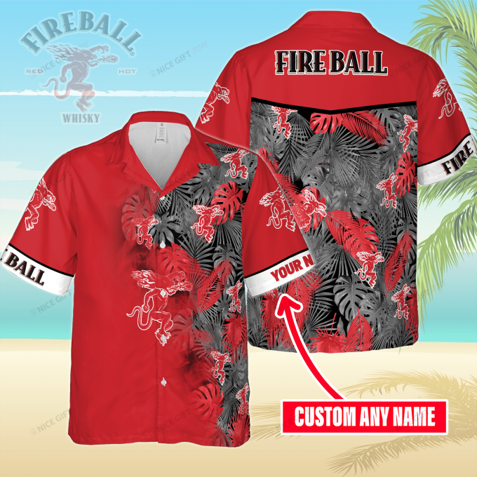 Fireball Cinnamon Whisky Custom Name 3D Button 3D Button Hawaiian Shirt Gift for Men Dad Father Gift for Men Dad Father 3HS-D4Q3