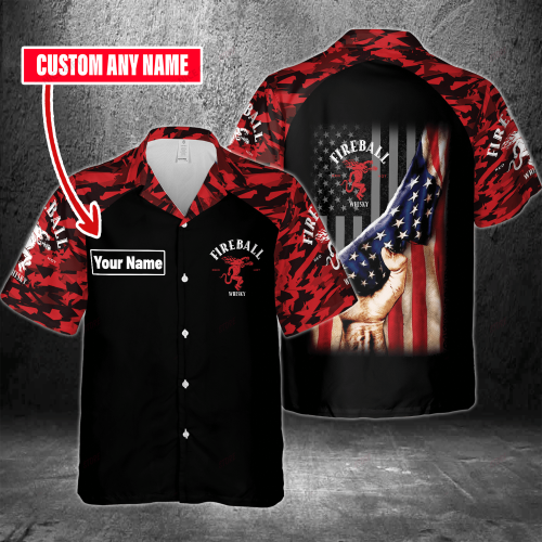 Fireball Cinnamon Whisky Custom Name 3D Button 3D Button Hawaiian Shirt Gift for Men Dad Father Gift for Men Dad Father 3HS-M4H8