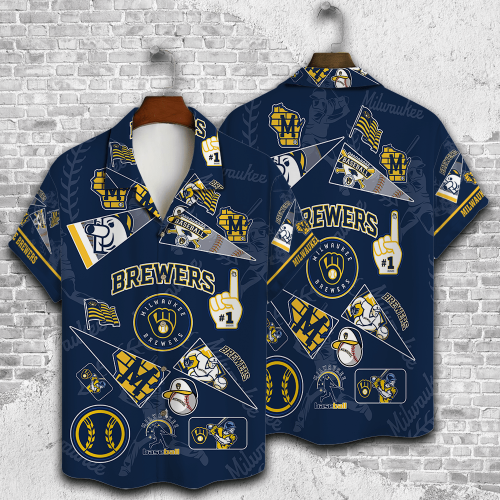 Milwaukee Brewers 2023 3D Print 3D Button 3D Button Hawaiian Shirt Gift for Men Dad Father Gift for Men Dad Father V1