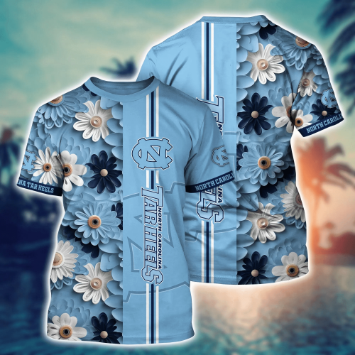 North Carolina Tar Heels Flower 3D Button Hawaii Shirt Gift for Men Dad Father And T Shirt For Fans, Summer Football Shirts NA49574