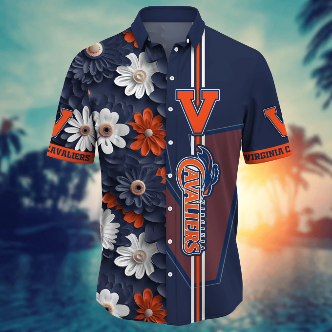Virginia Cavaliers Flower 3D Button Hawaii Shirt Gift for Men Dad Father And T Shirt For Fans, Summer Football Shirts NA49574