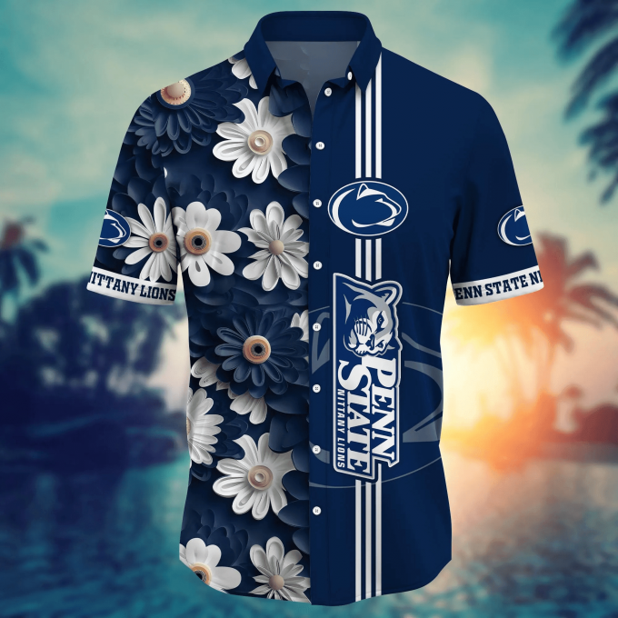 Penn State Nittany Lions Flower 3D Button Hawaii Shirt Gift for Men Dad Father And T Shirt For Fans, Summer Football Shirts NA49574