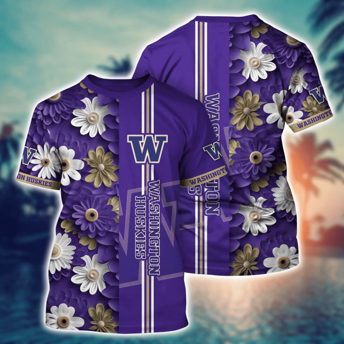 Washington Huskies Flower 3D Button Hawaii Shirt Gift for Men Dad Father And T Shirt For Fans, Summer Football Shirts NA49574