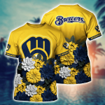 Milwaukee Brewers Flower 3D Button Hawaii Shirt Gift for Men Dad Father And T Shirt For Fans, Summer Football Shirts
