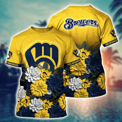 Milwaukee Brewers Flower 3D Button Hawaii Shirt Gift for Men Dad Father And T Shirt For Fans, Summer Football Shirts