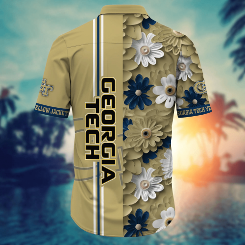 Georgia Tech Yellow Jackets Flower 3D Button Hawaii Shirt Gift for Men Dad Father And T Shirt For Fans, Summer Football Shirts NA49574