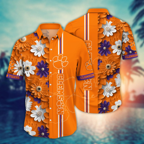 Clemson Tigers Flower 3D Button Hawaii Shirt Gift for Men Dad Father And T Shirt For Fans, Summer Football Shirts NA49574