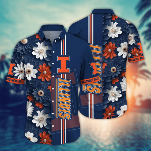 Illinois Fighting Illini Flower 3D Button Hawaii Shirt Gift for Men Dad Father And T Shirt For Fans, Summer Football Shirts NA49574