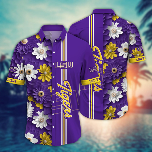 LSU TIGERS Flower 3D Button Hawaii Shirt Gift for Men Dad Father And T Shirt For Fans, Summer Football Shirts NA49574