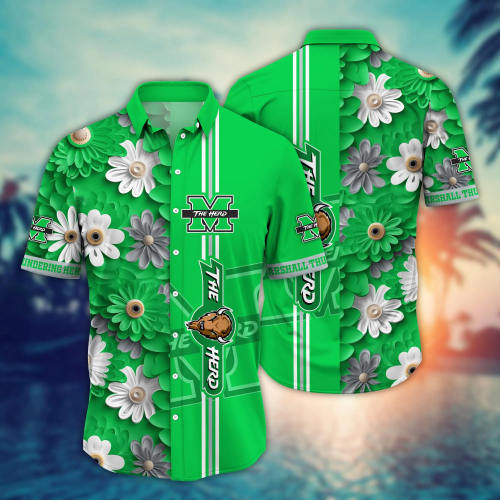 Marshall Thundering Herd Flower 3D Button Hawaii Shirt Gift for Men Dad Father And T Shirt For Fans, Summer Football Shirts NA49574