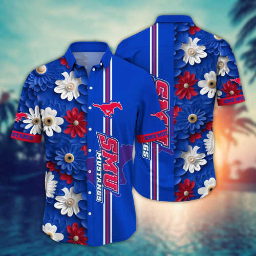 SMU Mustangs Flower 3D Button Hawaii Shirt Gift for Men Dad Father And T Shirt For Fans, Summer Football Shirts NA49574