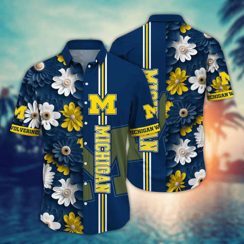 Michigan Wolverines Flower 3D Button Hawaii Shirt Gift for Men Dad Father And T Shirt For Fans, Summer Football Shirts NA49574