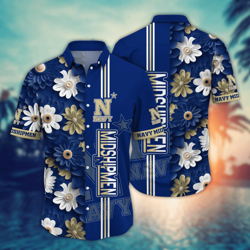 Navy Midshipmen Flower 3D Button Hawaii Shirt Gift for Men Dad Father And T Shirt For Fans, Summer Football Shirts NA49574