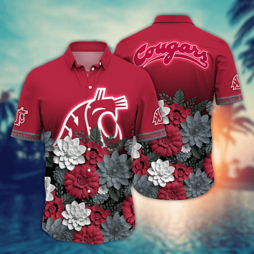 Washington State Cougars Flower 3D Button Hawaii Shirt Gift for Men Dad Father And T Shirt For Fans, Summer Football Shirts