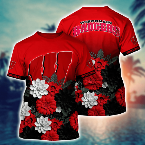 Wisconsin Badgers Flower 3D Button Hawaii Shirt Gift for Men Dad Father And T Shirt For Fans, Summer Football Shirts