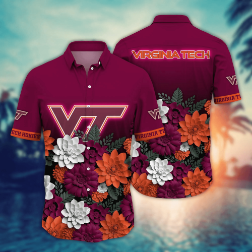 Virginia Tech Hokies Flower 3D Button Hawaii Shirt Gift for Men Dad Father And T Shirt For Fans, Summer Football Shirts