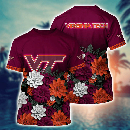 Virginia Tech Hokies Flower 3D Button Hawaii Shirt Gift for Men Dad Father And T Shirt For Fans, Summer Football Shirts