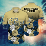 Georgia Tech Yellow Jackets Flower 3D Button Hawaii Shirt Gift for Men Dad Father And T Shirt For Fans, Summer Football Shirts