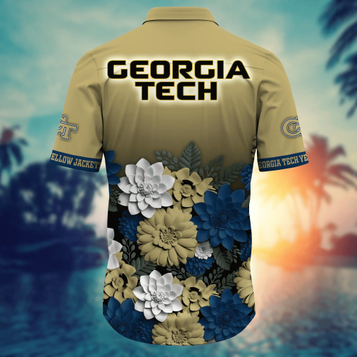 Georgia Tech Yellow Jackets Flower 3D Button Hawaii Shirt Gift for Men Dad Father And T Shirt For Fans, Summer Football Shirts