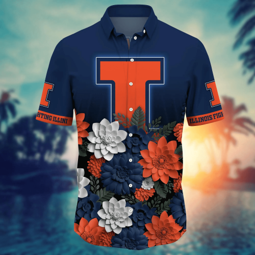 Illinois Fighting Illini Flower 3D Button Hawaii Shirt Gift for Men Dad Father And T Shirt For Fans, Summer Football Shirts