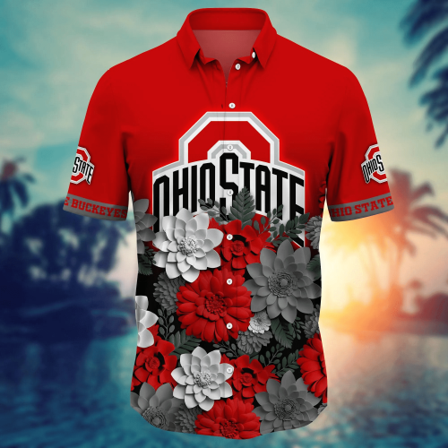 Ohio State Buckeyes Flower 3D Button Hawaii Shirt Gift for Men Dad Father And T Shirt For Fans, Summer Football Shirts
