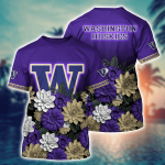 Washington Huskies Flower 3D Button Hawaii Shirt Gift for Men Dad Father And T Shirt For Fans, Summer Football Shirts