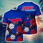 SMU Mustangs Flower 3D Button Hawaii Shirt Gift for Men Dad Father And T Shirt For Fans, Summer Football Shirts