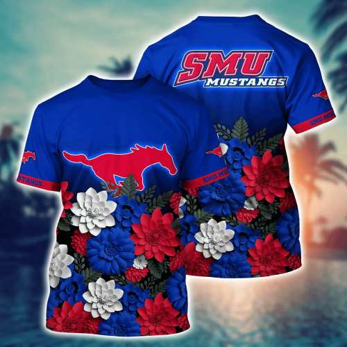SMU Mustangs Flower 3D Button Hawaii Shirt Gift for Men Dad Father And T Shirt For Fans, Summer Football Shirts