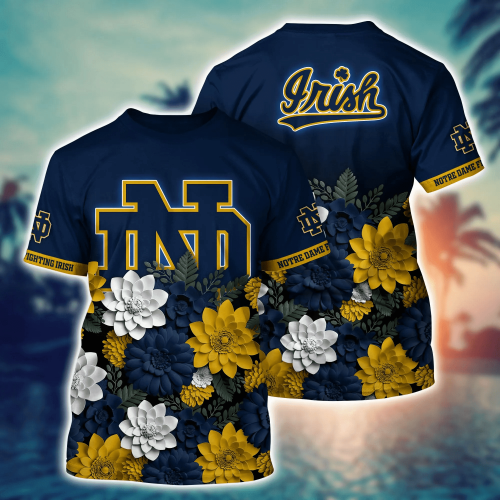 Notre Dame Fighting Irish Flower 3D Button Hawaii Shirt Gift for Men Dad Father And T Shirt For Fans, Summer Football Shirts