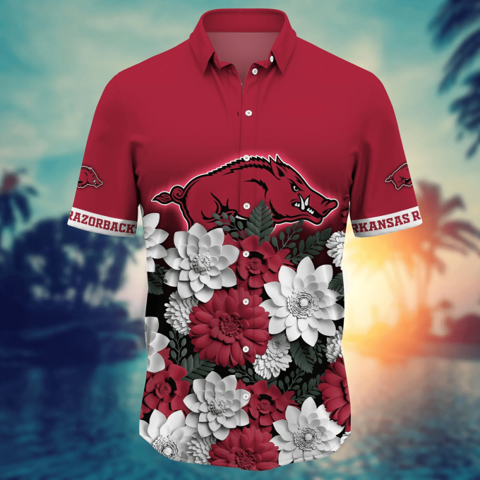 Arkansas Razorbacks Flower 3D Button Hawaii Shirt Gift for Men Dad Father And T Shirt For Fans, Summer Football Shirts
