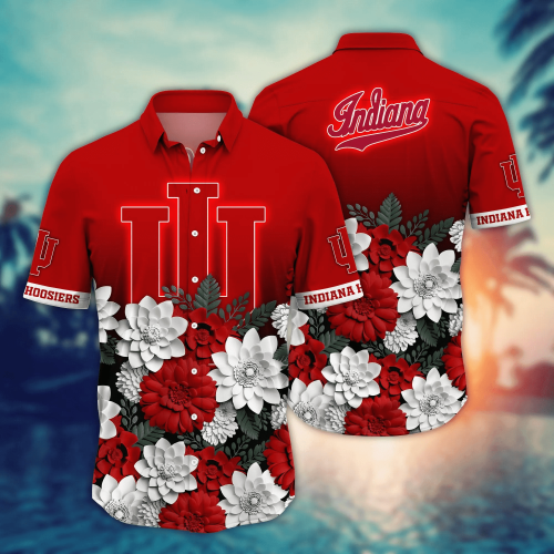 Indiana Hoosiers Flower 3D Button Hawaii Shirt Gift for Men Dad Father And T Shirt For Fans, Summer Football Shirts