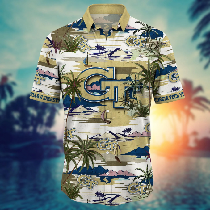 Georgia Tech Yellow Jackets Flower 3D Button 3D Button Hawaiian Shirt Gift for Men Dad Father Gift for Men Dad Father