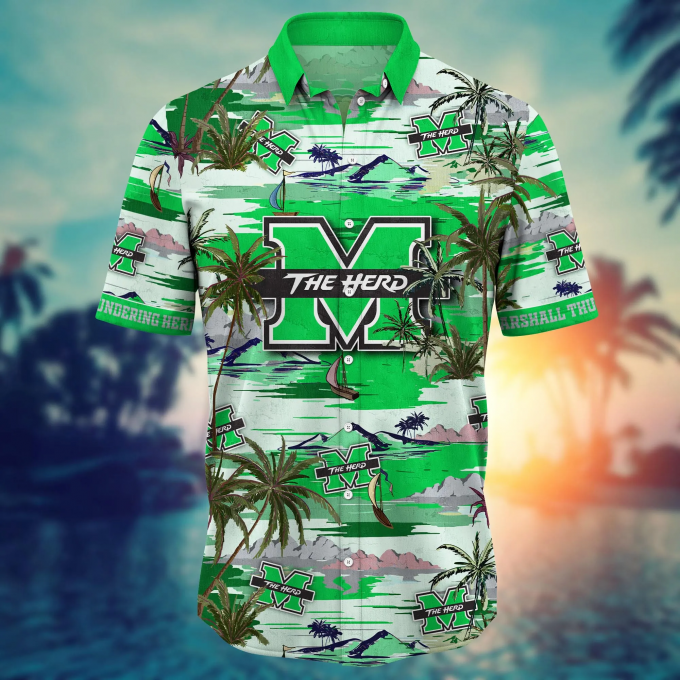 Marshall Thundering Herd Flower 3D Button 3D Button Hawaiian Shirt Gift for Men Dad Father Gift for Men Dad Father