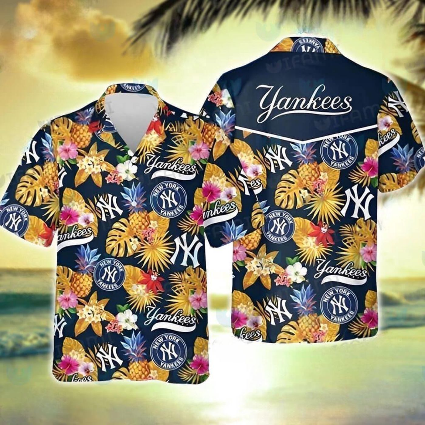 New York Yankees Sunset Tropics Hawaiian Shirt New York Yankees Sunset Tropics Hawaiian Shirt