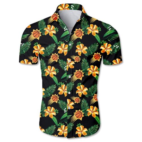 NBA Phoenix Suns Orange Hibiscus Flowers Green Leaves Hawaiian Shirt Aloha Shirt