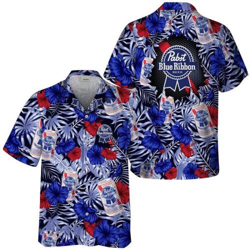 Summer Aloha Floral Pabst Blue Ribbon Hawaiian Shirt - Vibrant Men Women Beer Aloha Shirt Perfect Summer Vacation Gift