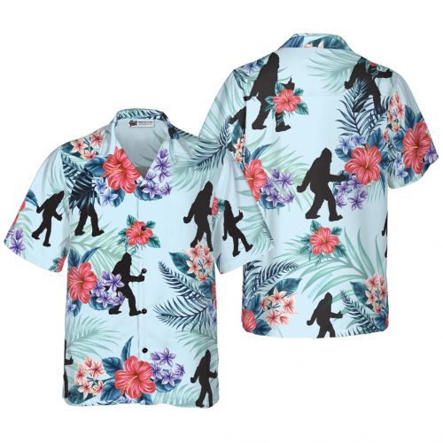 Bigfoot Hawaiian Shirt Arctic Blue Texas Floral & Leaves - Summer Gift