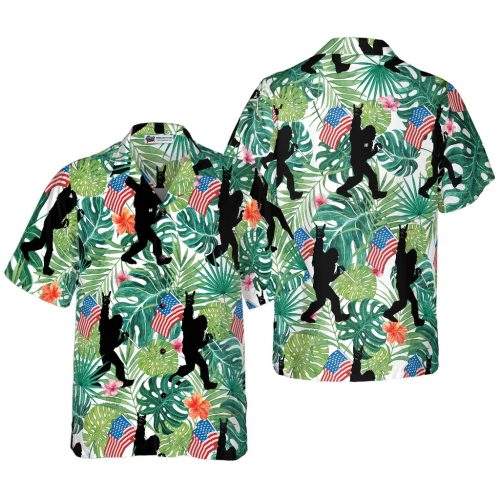 Bigfoot Tropical Hold USA Flag Hawaiian Shirt – Floral American Flag Shirt for Men & Women Summer Gift Idea