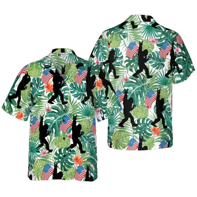 Bigfoot Tropical Hold USA Flag Hawaiian Shirt – Floral American Flag Shirt for Men & Women Summer Gift Idea