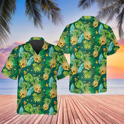 Green Pineapple Skull Tropical Hawaiian Shirt Skull & Viking 3D  Clothing