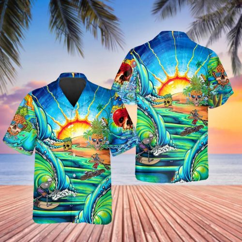 Blue Skull Tidal Wave Hawaiian Shirt Skull & Viking 3D  Clothing