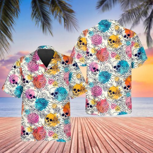 Colorful Roses Crossbones Skull Hawaiian Shirt Skull & Viking 3D  Clothing For Men Women