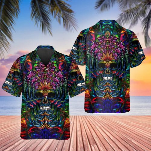 Colorful Skull Art Hawaiian Shirt Skull & Viking 3D  Clothing Skull Aloha Shirt