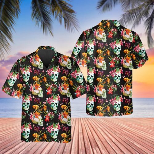 Orange Floral Skull Hawaiian Shirt Skull & Viking 3D  Clothing Skull Hawaiian Shirt