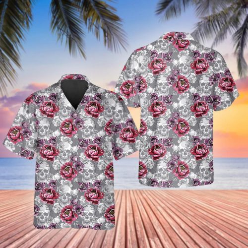 Roses And Grey Skull Hawaiian Shirt Skull & Viking 3D  Clothing