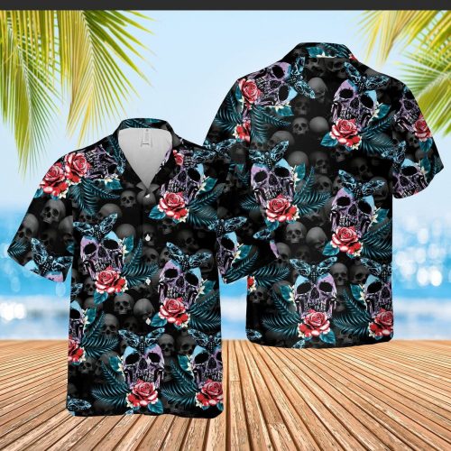Skull Rose And Butterfly Black Aloha Hawaiian Shirt Aloha Summer Gift For Men Women Animals Lover
