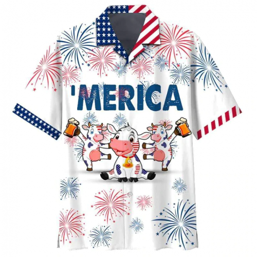 Cow and Beer 4th of July American Flag Hawaiian Shirt – Patriotic Apparel for Men & Women