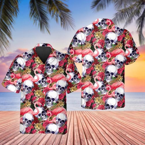 Skull With Flamingo And Leopard Hawaiian Shirt Skull & Viking 3D  Clothing