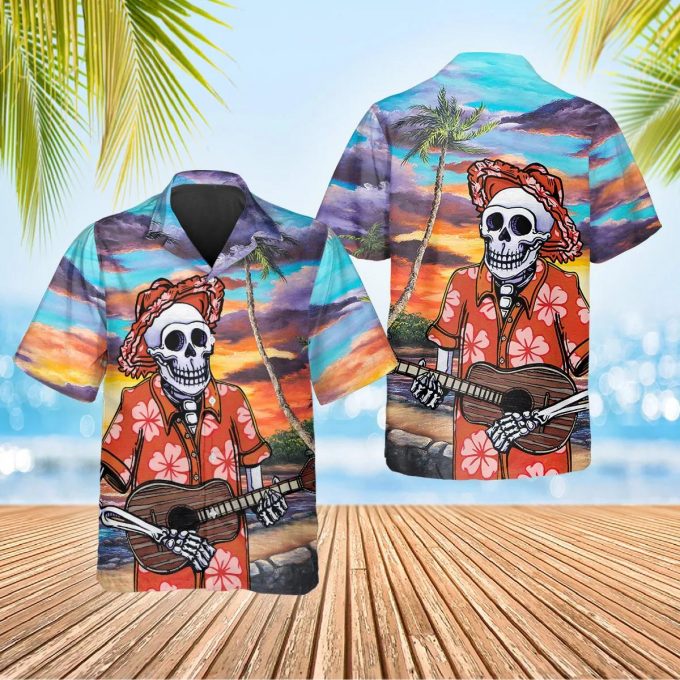 Skull Play Guitar By The Beach Hawaiian Shirt Skull & Viking 3D  Clothing